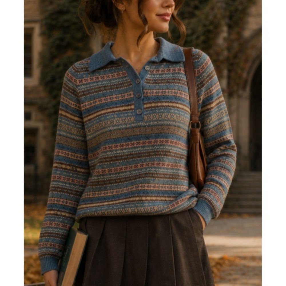 VTG Lauren Ralph Lauren Women Fair Isle Wool Blend Polo Sweater S Cozy Academia
